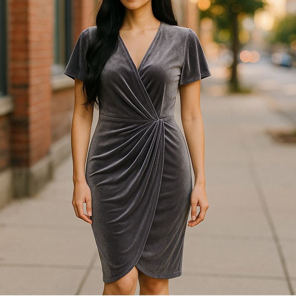 LAUREN Ralph Lauren Dark Slate Gry Velour Flutter-Sleeve Cocktail Dress Sz 8 NWT